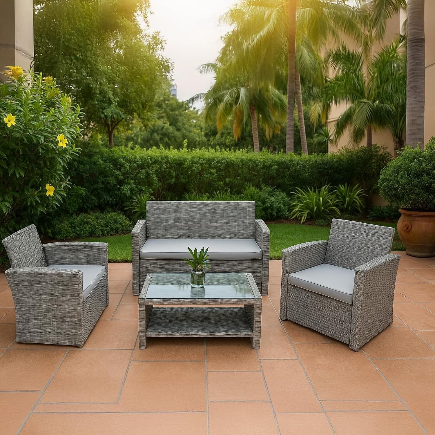 4 Seater Rattan Garden Furniture Set Outdoor Sofa Chairs Table Grey