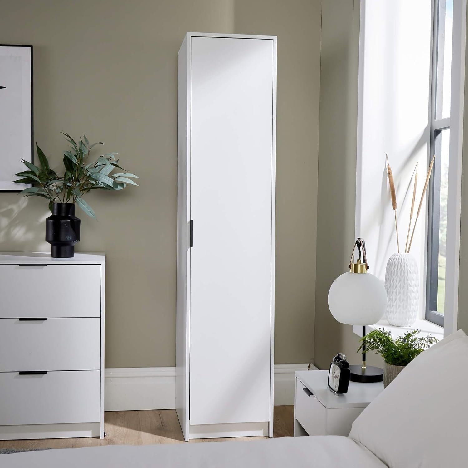 White Slim 1-Door Wardrobe with Rail & Shelf – Modern Compact Storage Unit