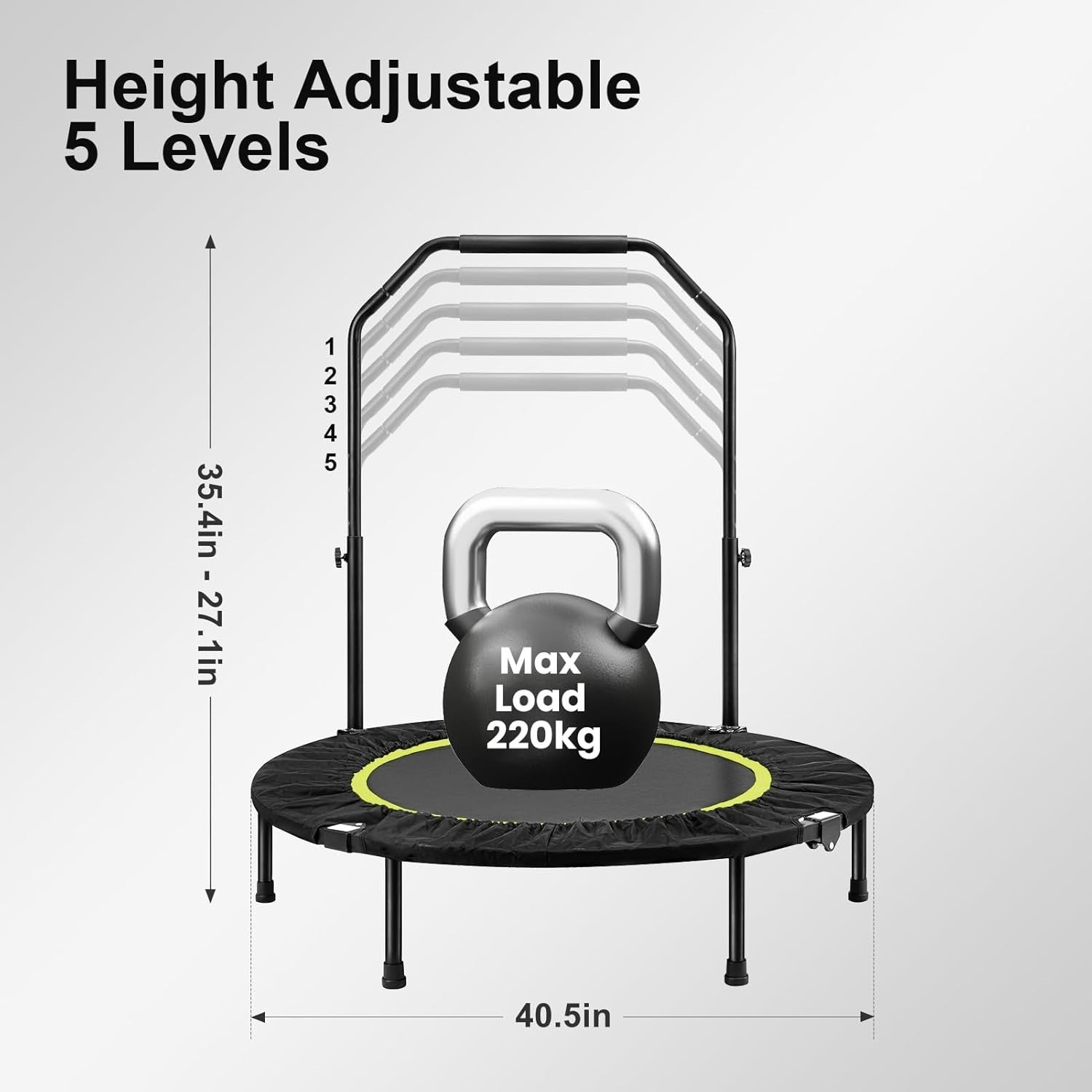 Heavy Duty Foldable Mini Trampoline Adjustable Handle Indoor Workout 220KG