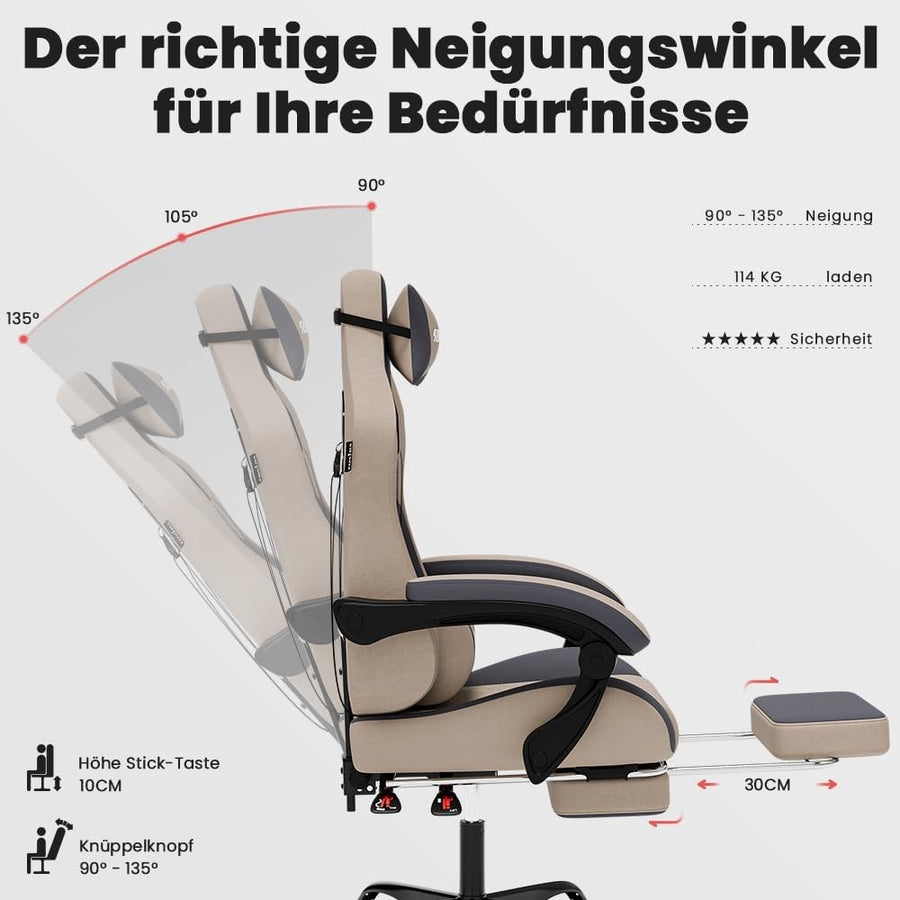 Ergonomic Gaming Chair with Footrest, Massage & Lumbar Support Beigeblue