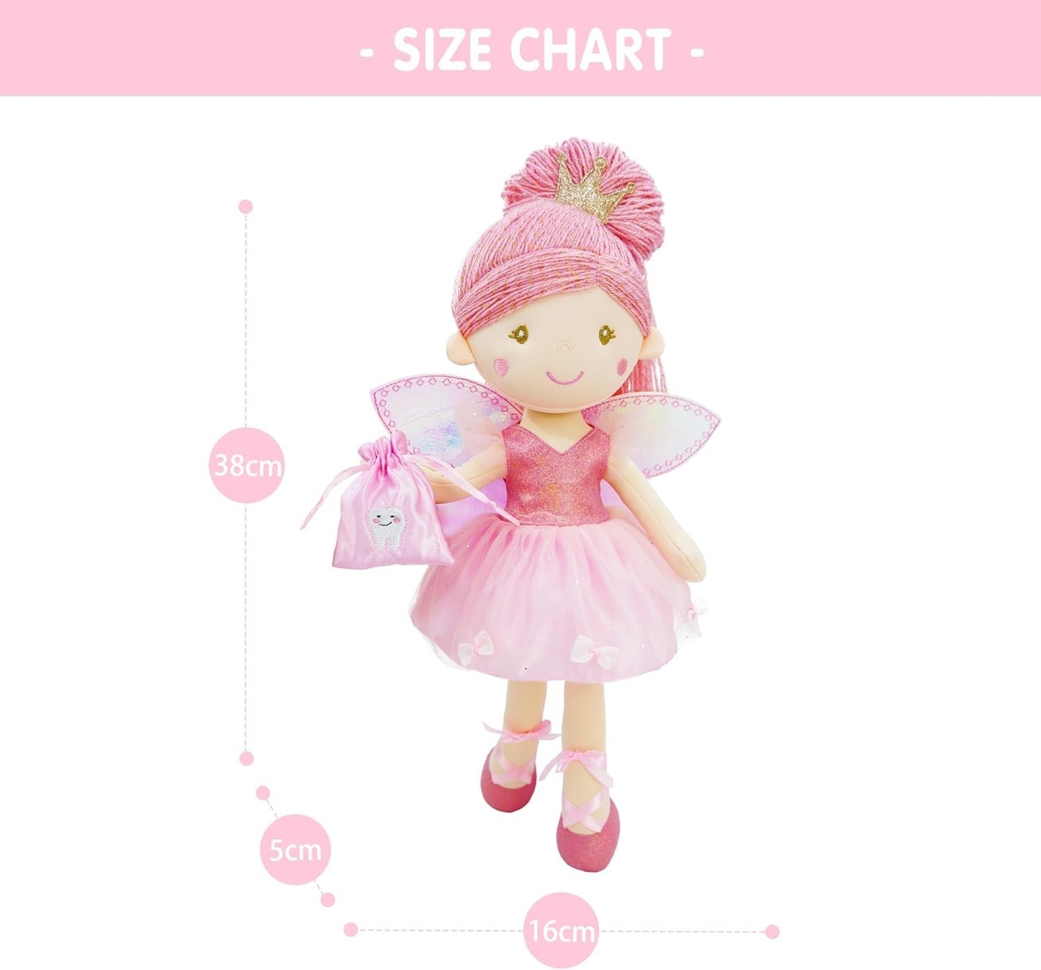 Tooth Fairy Doll 40cm Plush Soft Toy Pink Wings Tooth Pouch Gift