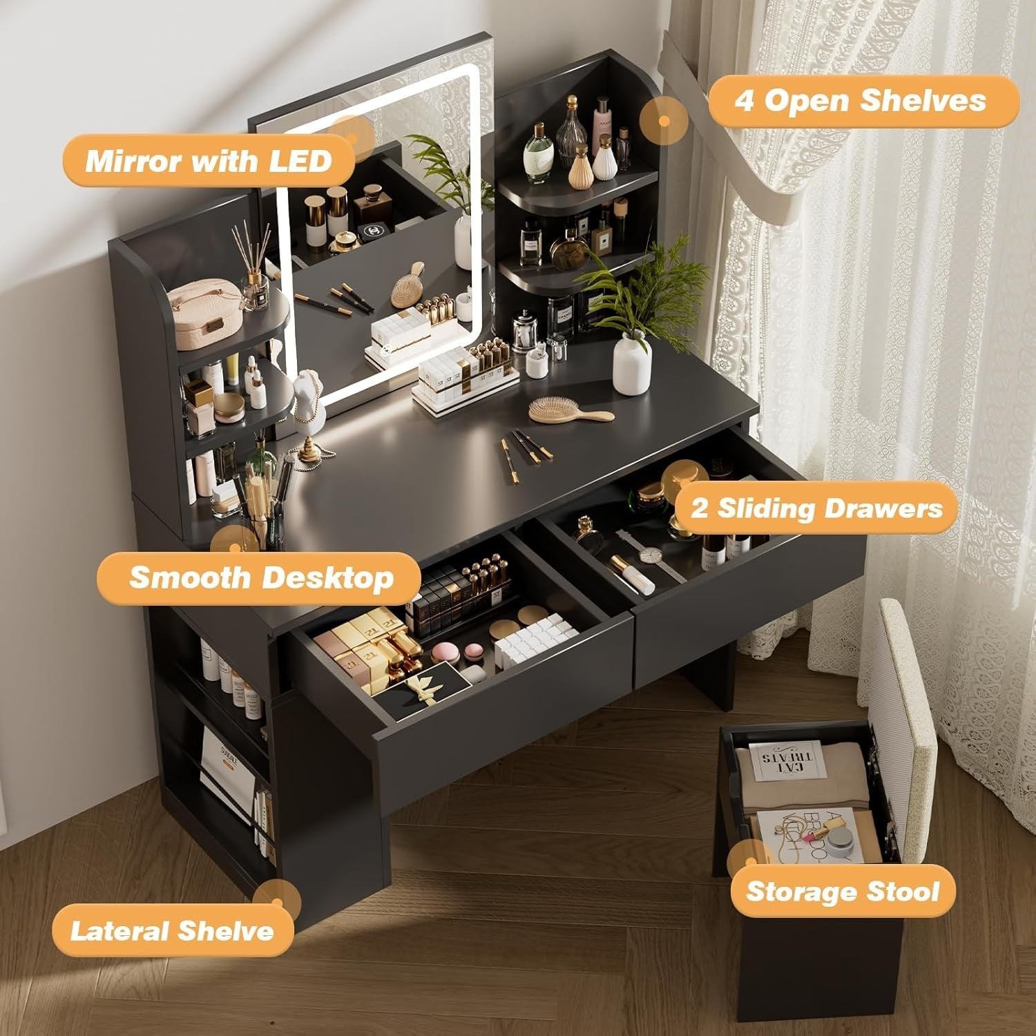 Modern Black Dressing Table Vanity LED Mirror Stool Storage Makeup Desk Wood