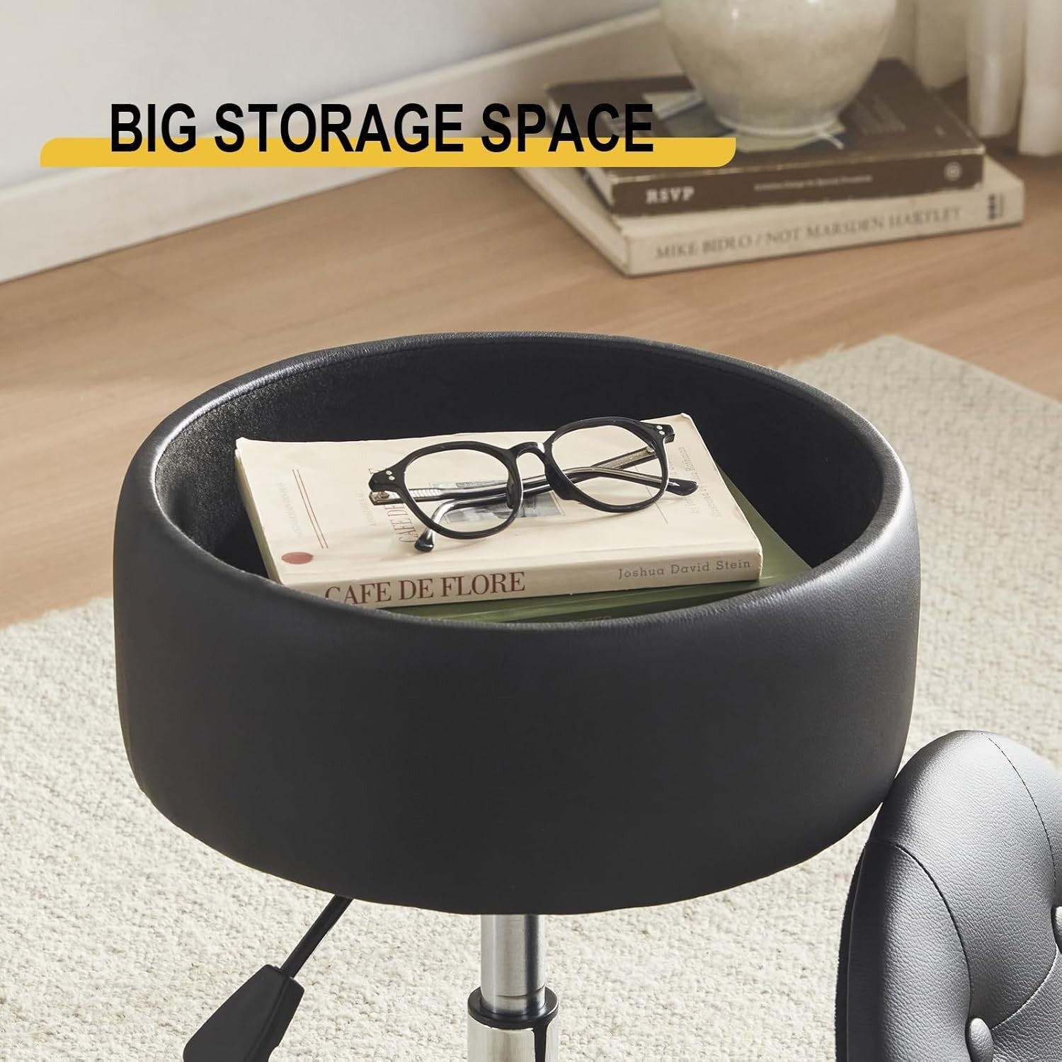 Black PU Leather Adjustable Vanity Chair – Round Swivel Makeup Stool w/ Storage