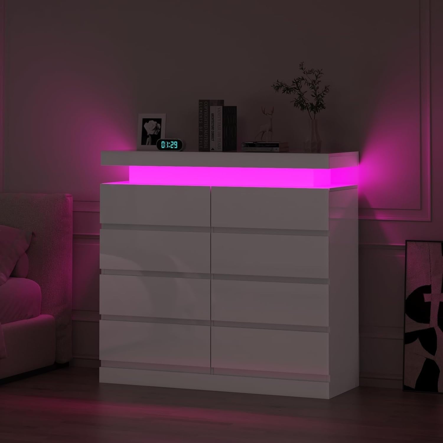White Gloss Chest 8 Drawers with RGB LED Lights Storage Cabinet Modern