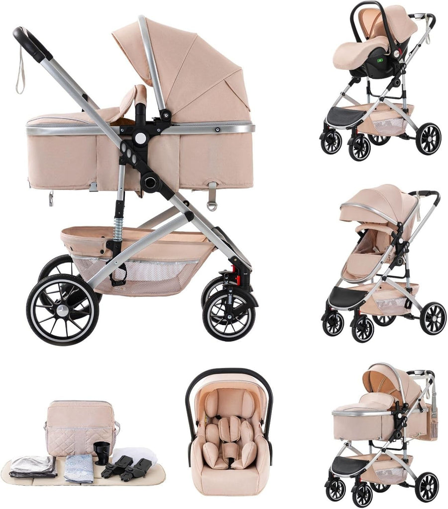3-in-1 Baby Stroller Travel System Car Seat Pram Foldable Beige
