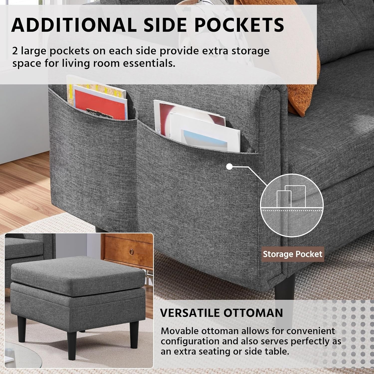 Light Gray L-Shaped Corner Sofa with Ottoman 3-Seater Chaise for Small Spaces