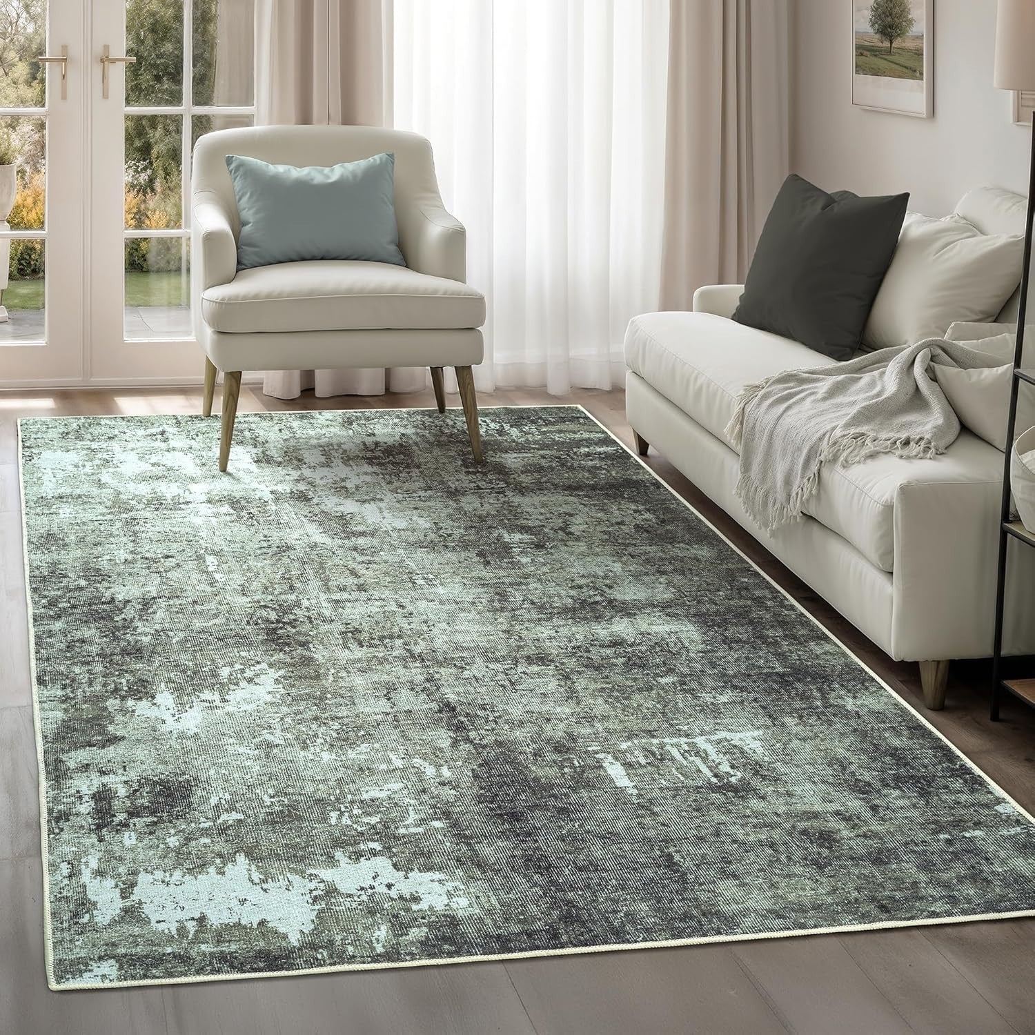 Washable Rug 152x213cm Non-Slip Soft Modern Green Carpet Living Room Bedroom