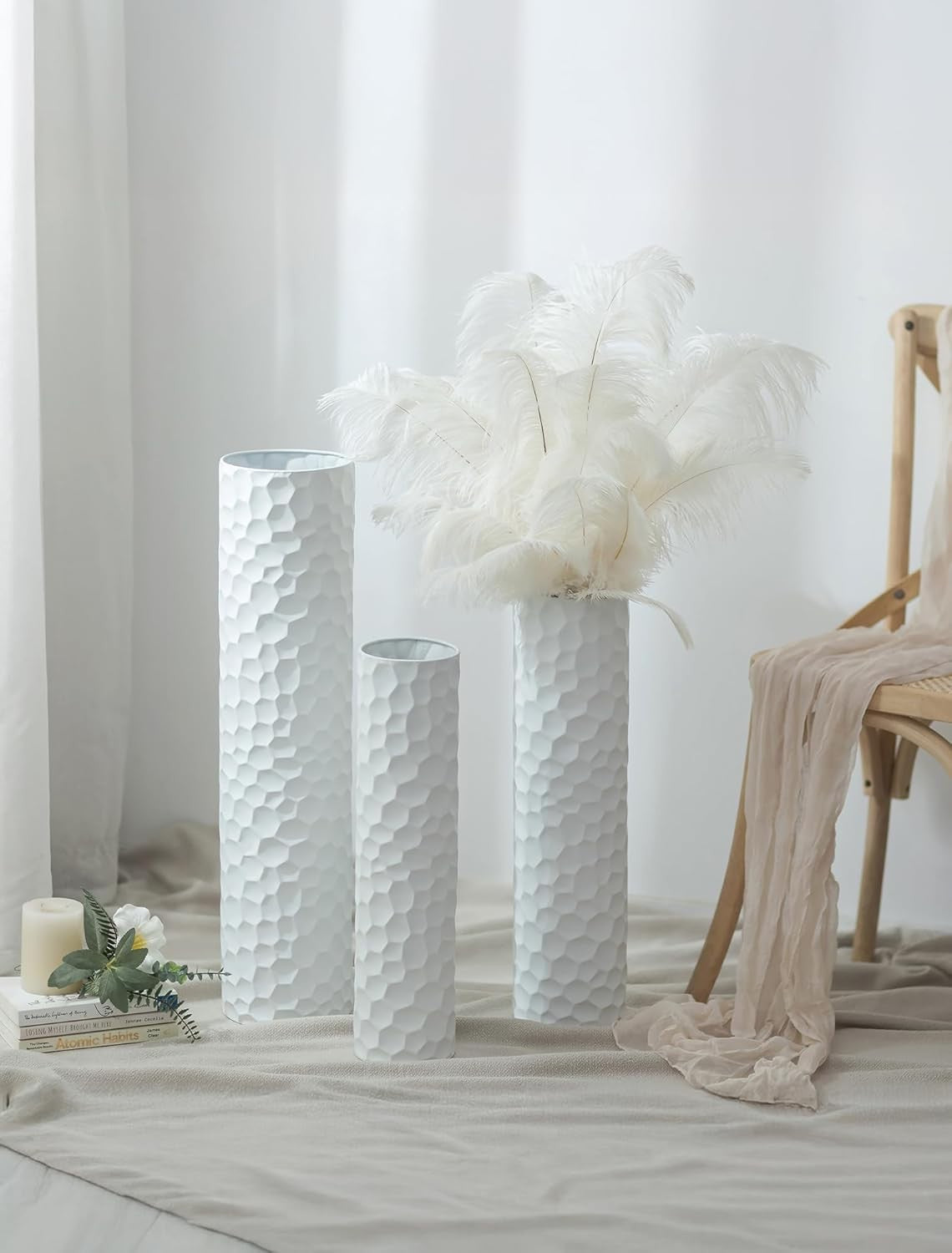 Tall White Metal Floor Vase Set Large Modern Pampas Grass Decor 3pcs