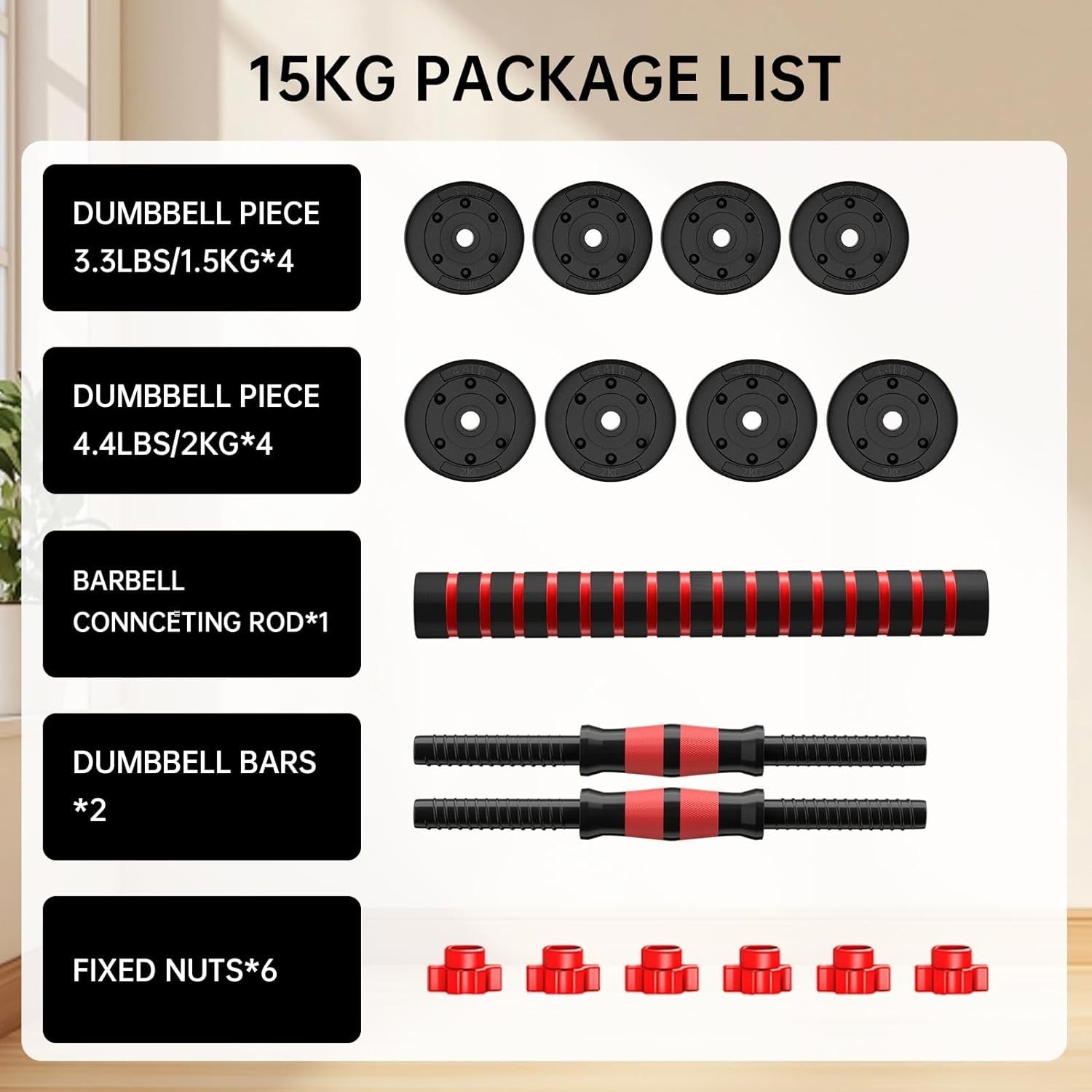 15KG Adjustable Dumbbell & Barbell Set 3-in-1 Non-Roll Home Gym Weights