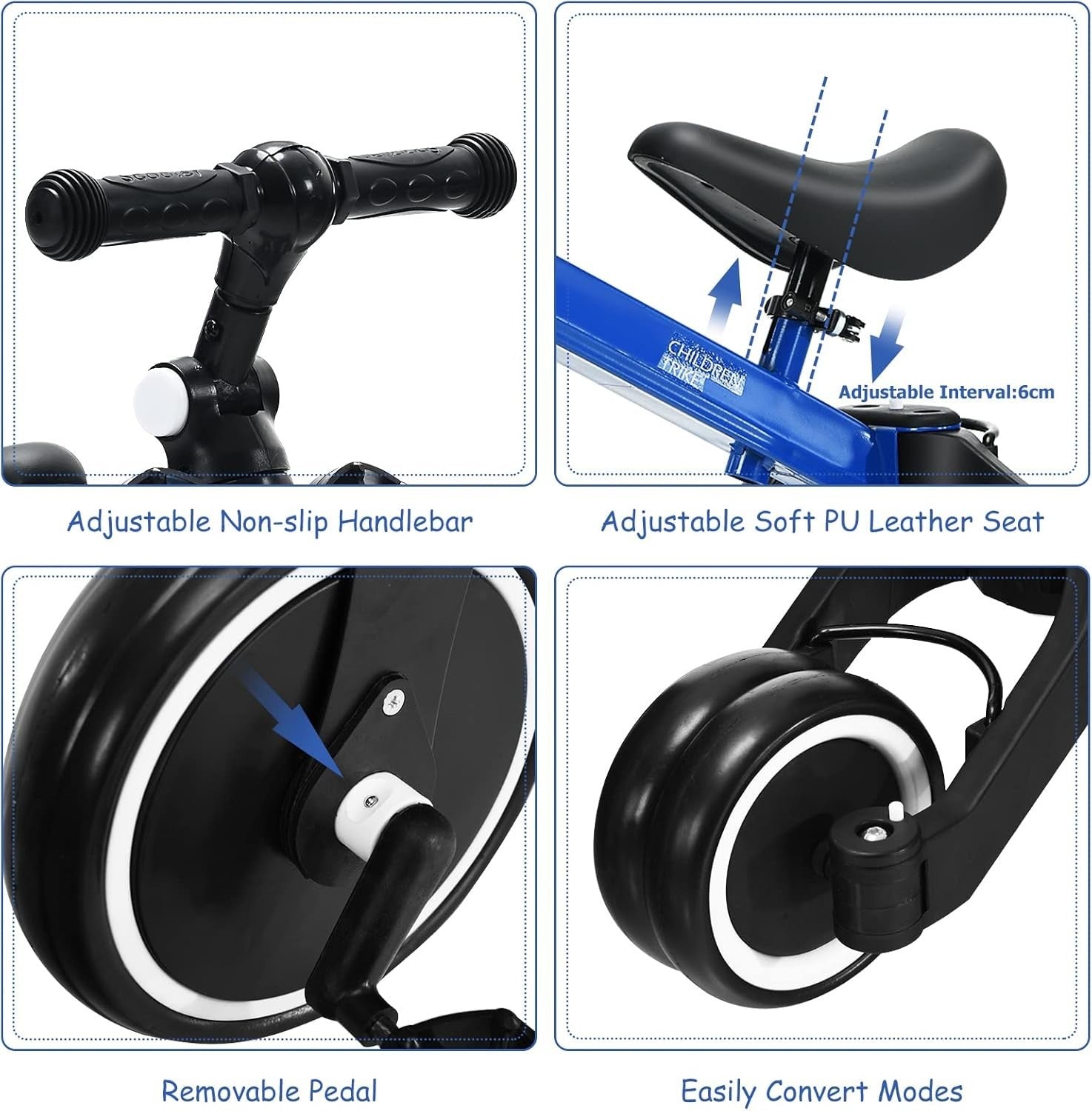 3 In 1 Toddler Tricycle Balance Bike Baby Walker Adjustable Blue 1-4Y