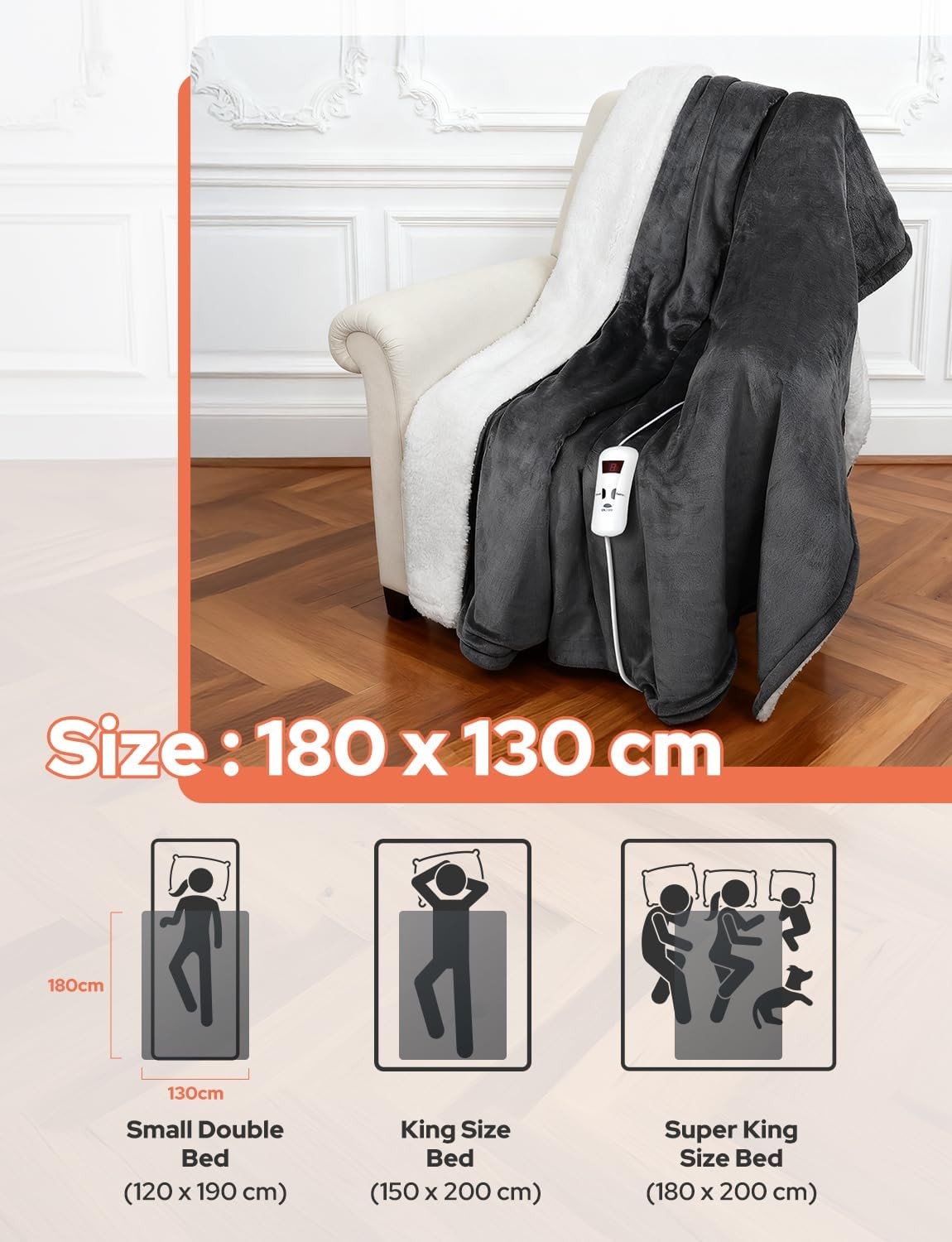 Electric Heated Throw Blanket Fast Heat Dual Sided Sherpa Flannel 180x130cm
