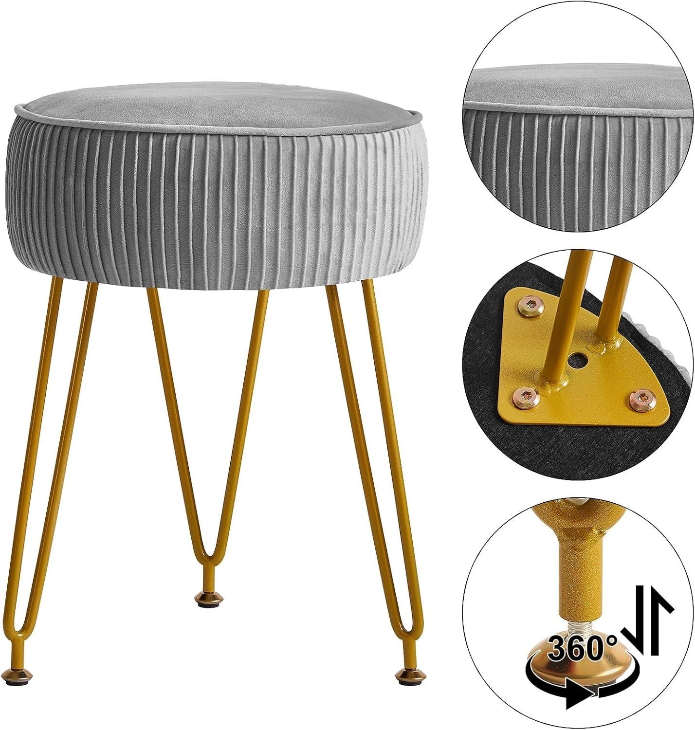 Gray Round Velvet Footrest Ottoman – Makeup Vanity Stool with Gold Legs