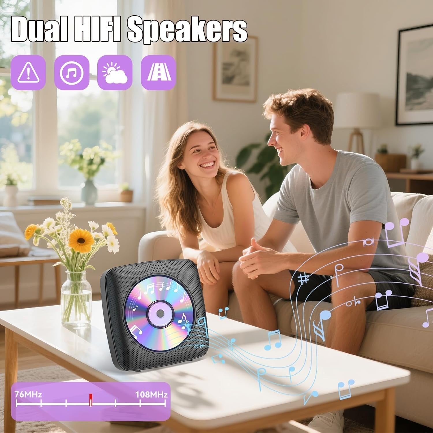 Desktop CD Player Bluetooth Speakers FM Radio USB AUX Remote LCD Black