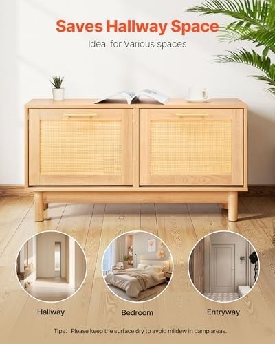 VEVOR Rattan Shoe Bench with Flip Drawers – 4-Compartment Storage Seat 100cm