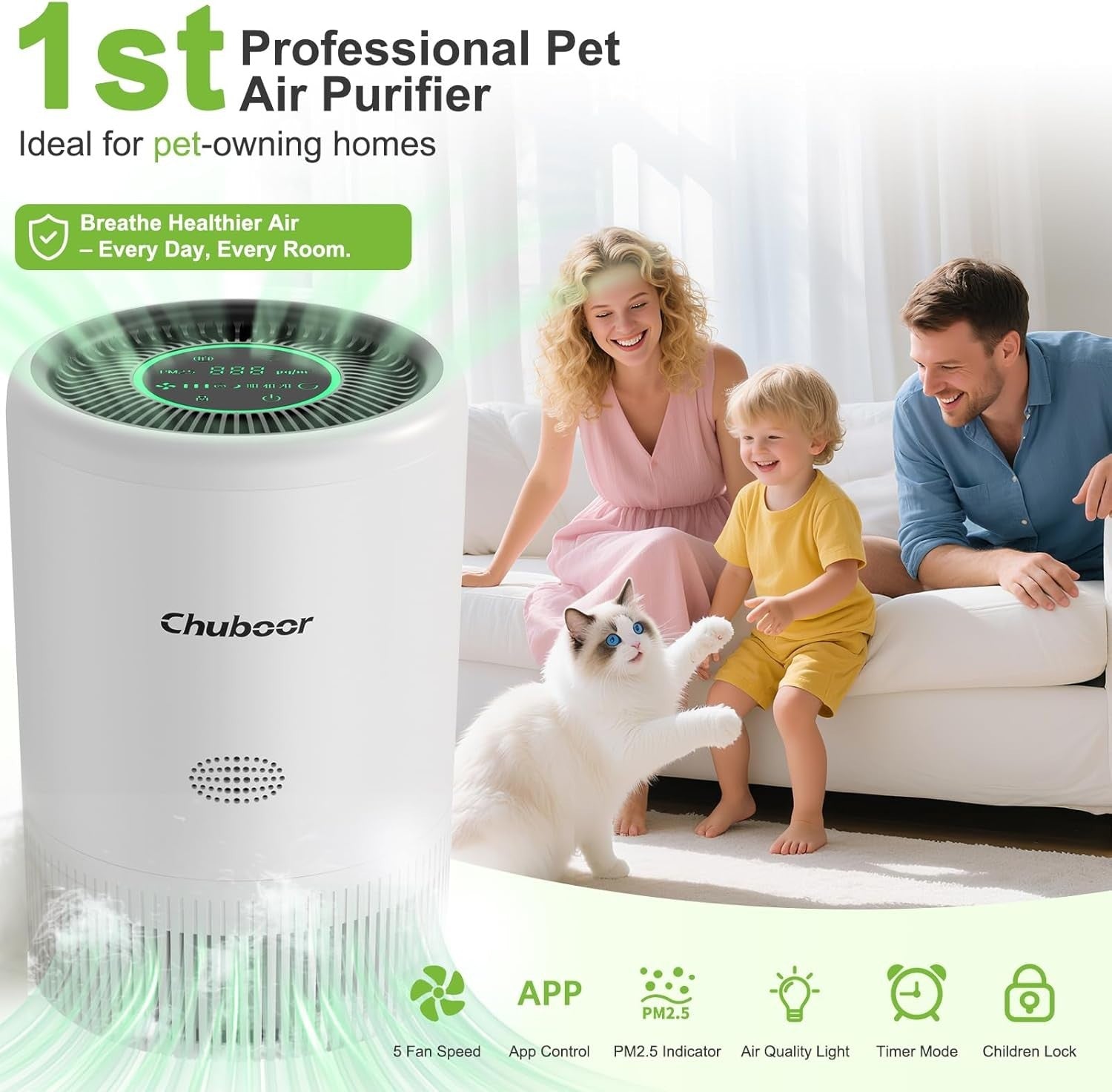 WiFi HEPA Air Purifier for Pets PM2.5 Auto Sleep Mode Large Room