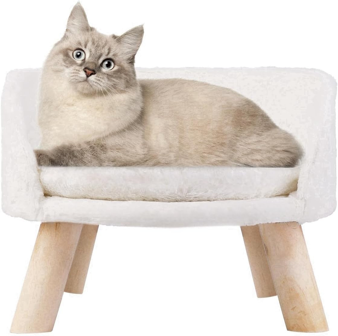 Elevated Cat Sofa Chair Bed Plush Pet Stool w Wooden Legs 40cm