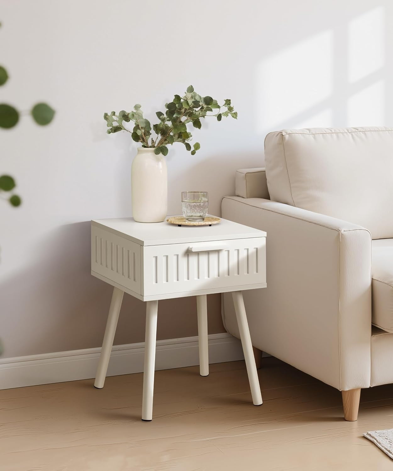 Modern White Bedside Tables Set of 2 with Drawer, Solid Wood Legs 50x45x16cm
