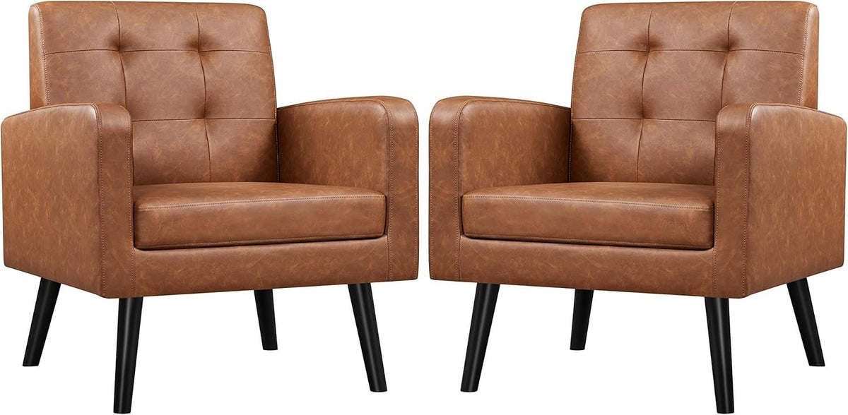 2x Brown Faux Leather Armchairs | Tufted Retro Lounge Chair Set