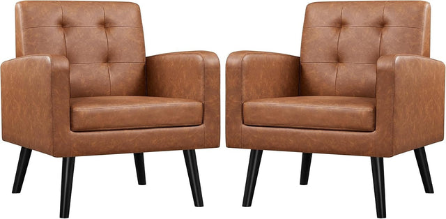 2x Brown Faux Leather Armchairs | Tufted Retro Lounge Chair Set