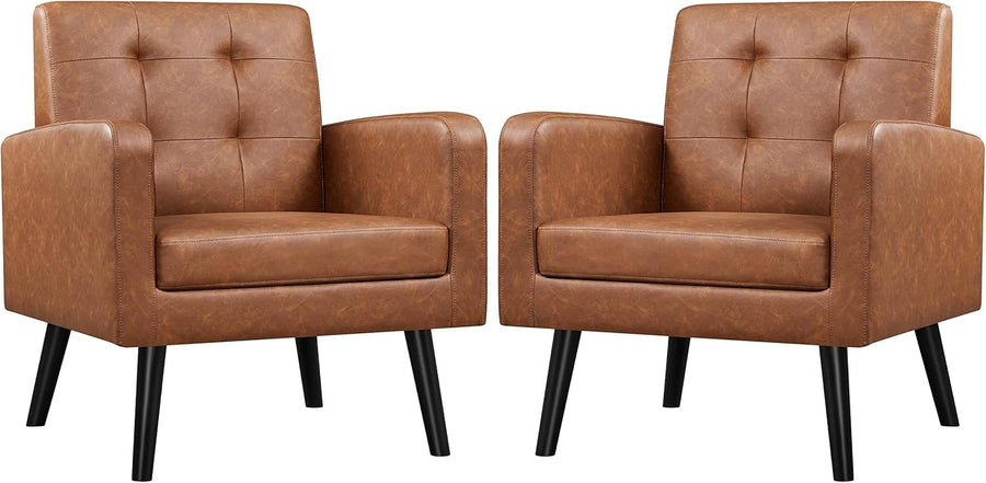 2x Brown Faux Leather Armchairs | Tufted Retro Lounge Chair Set