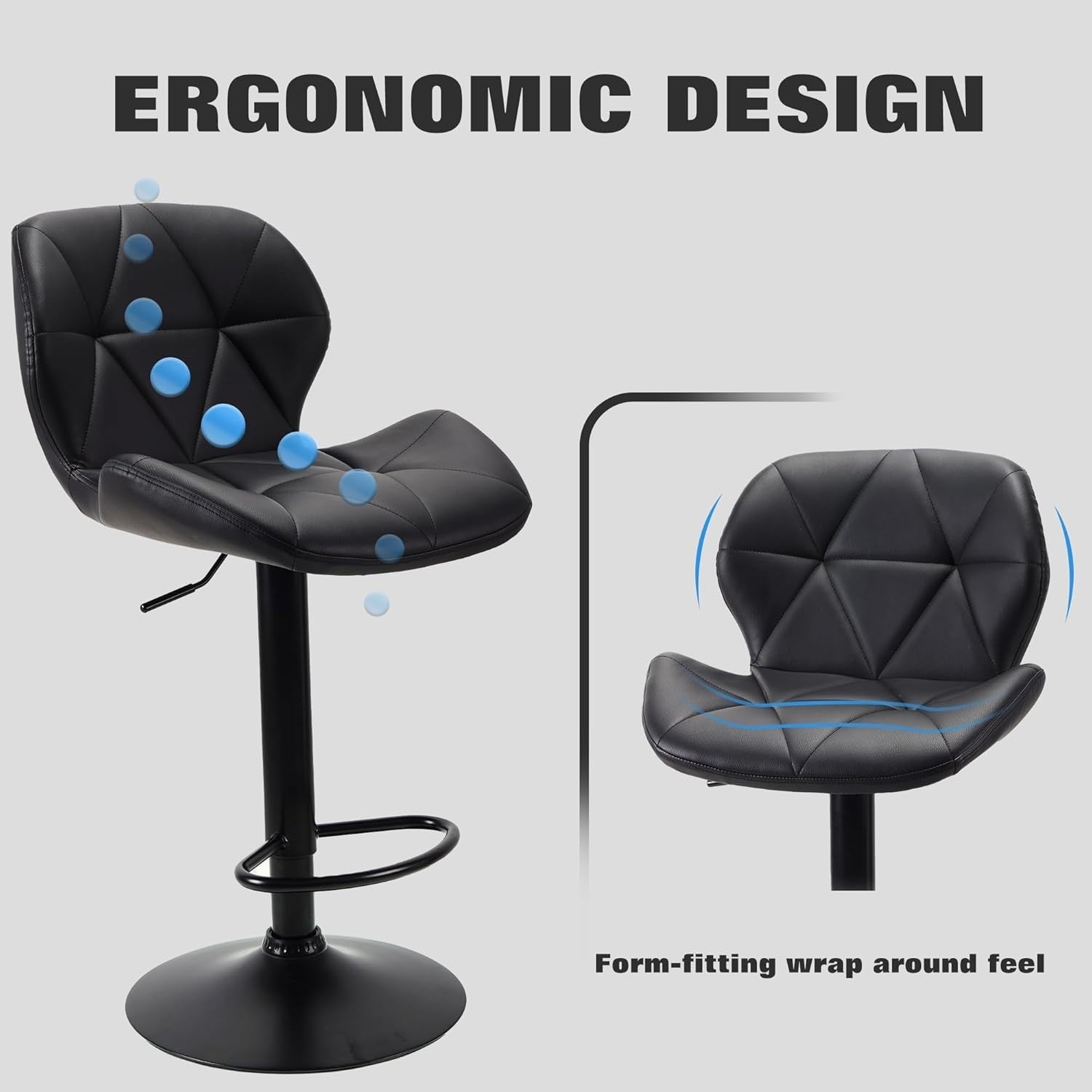 Black Faux Leather Bar Stools Set of 2 – Adjustable Swivel Kitchen Chairs
