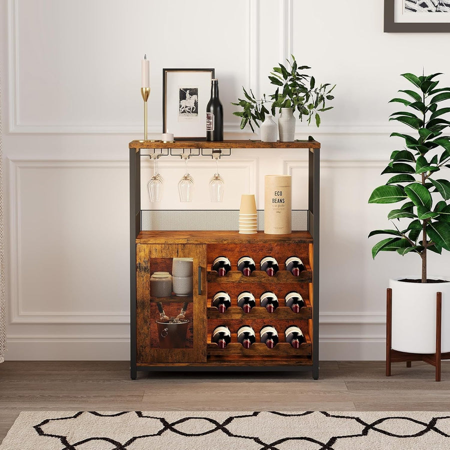 Rustic Industrial Wine Bar Cabinet with LED Light, Glass Holder & 12-Bottle Rack