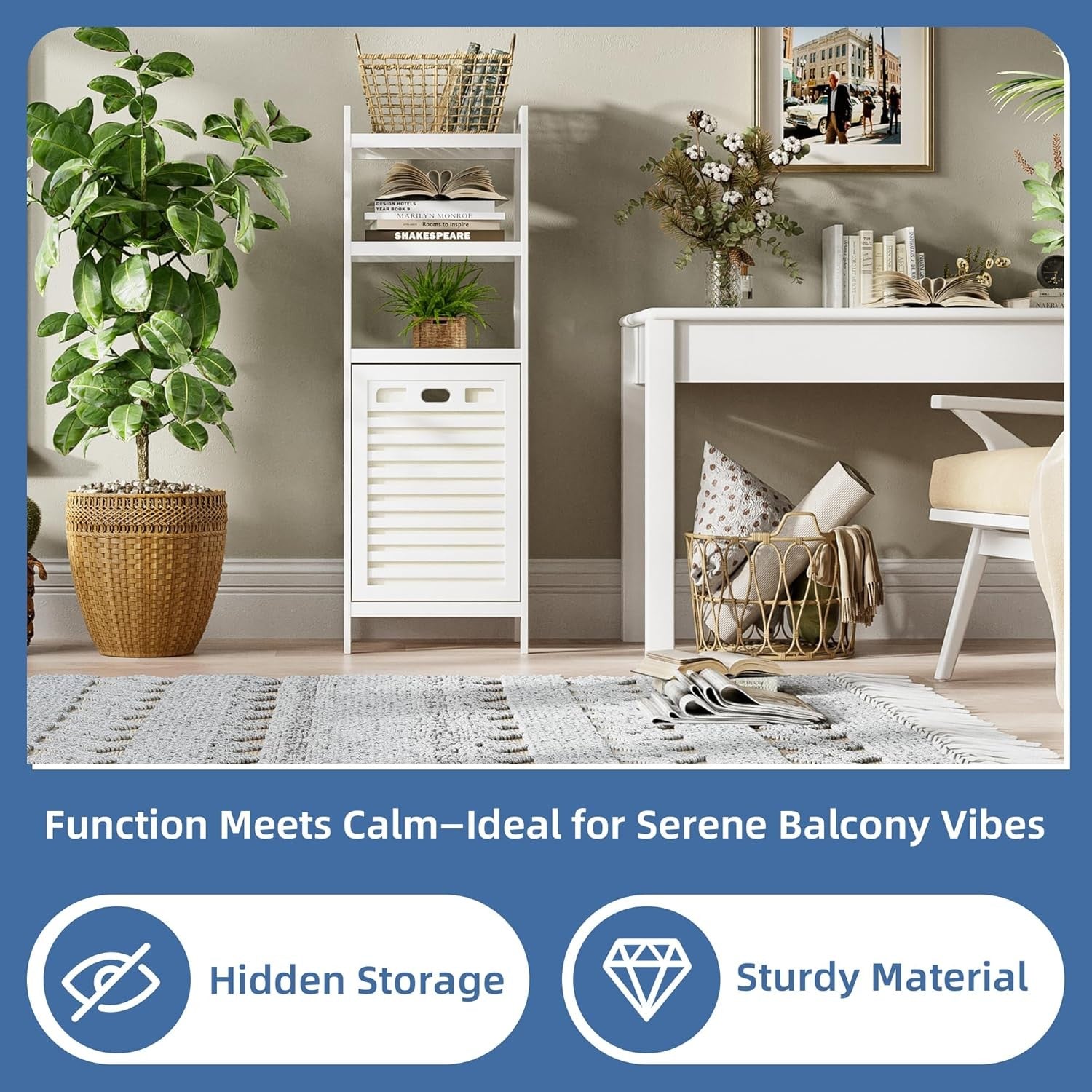 White Tilt Out Laundry Hamper Cabinet Bamboo Shelves 32L Basket Organizer