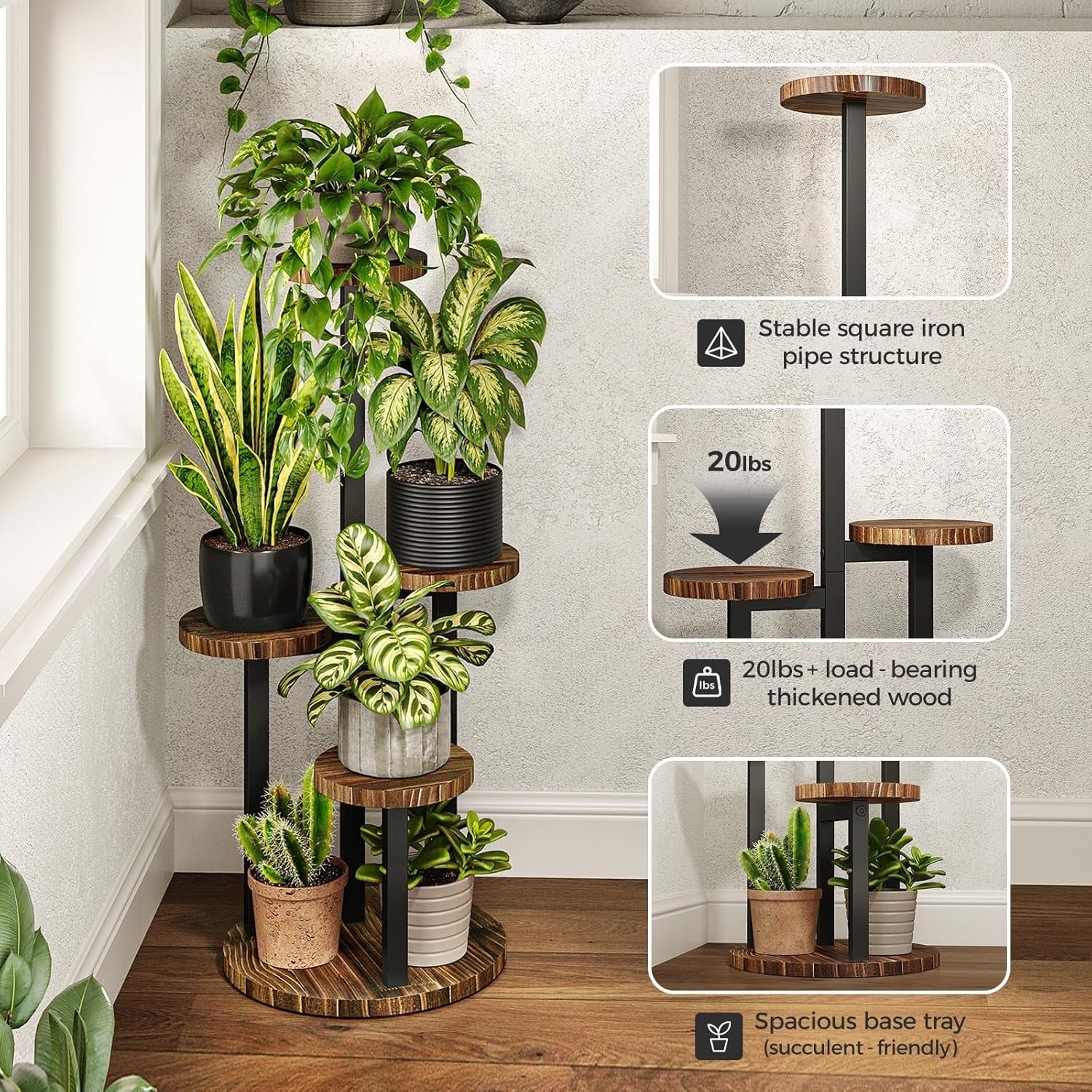 4-Tier Metal Wood Plant Stand, Corner Indoor Plant Shelf for Home & Balcony