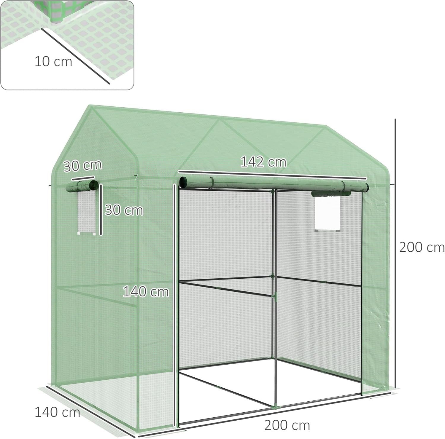 Walk-In Greenhouse with Roll-Up Door & Mesh Windows | 200x140x200cm