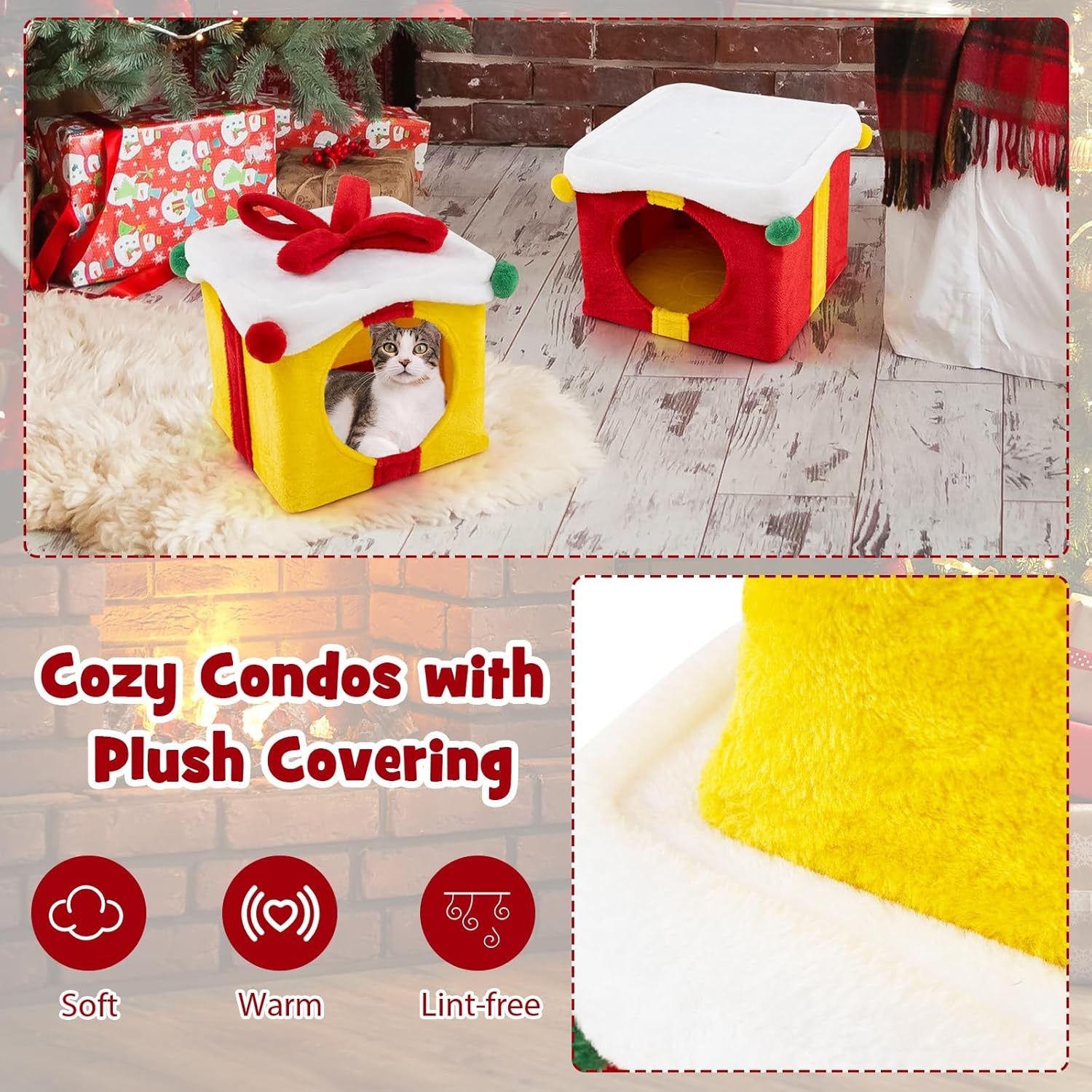 Double Cat House Condo Red Yellow White Stackable Plush Indoor Cat Hideaway