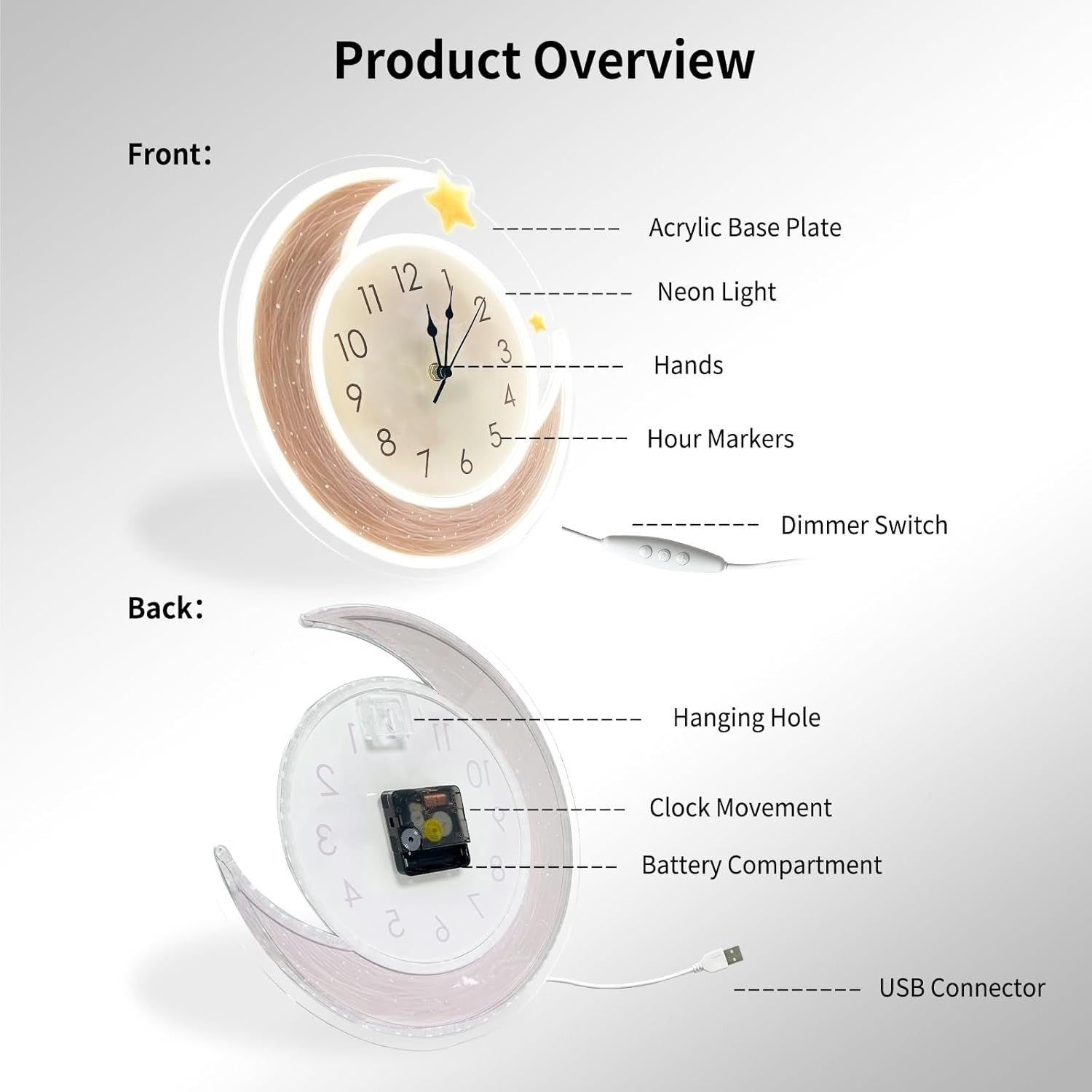 Moon Neon Wall Clock LED Dimmable Silent Night Light Bedroom Decor
