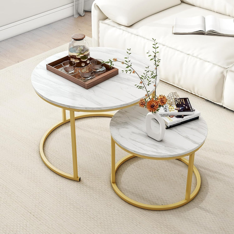 Round Nesting Coffee Table Set of 2 – Space-Saving Living Room Side Tables Gold