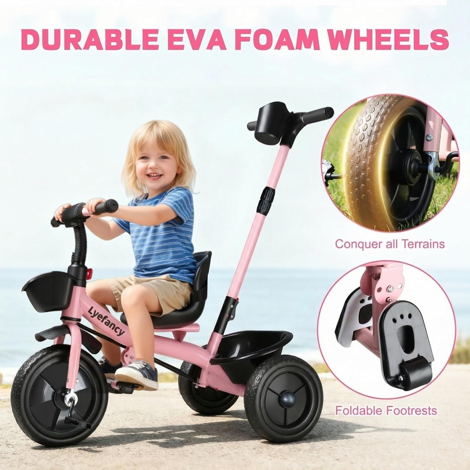 Kids Tricycle 2 In 1 Push Trike Parent Handle Adjustable Seat Basket Pink