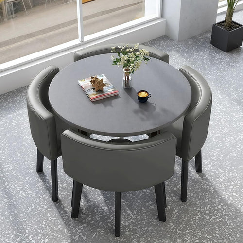 Modern 5-Piece Round Dining Table Set with 4 Faux Leather Chairs Grey