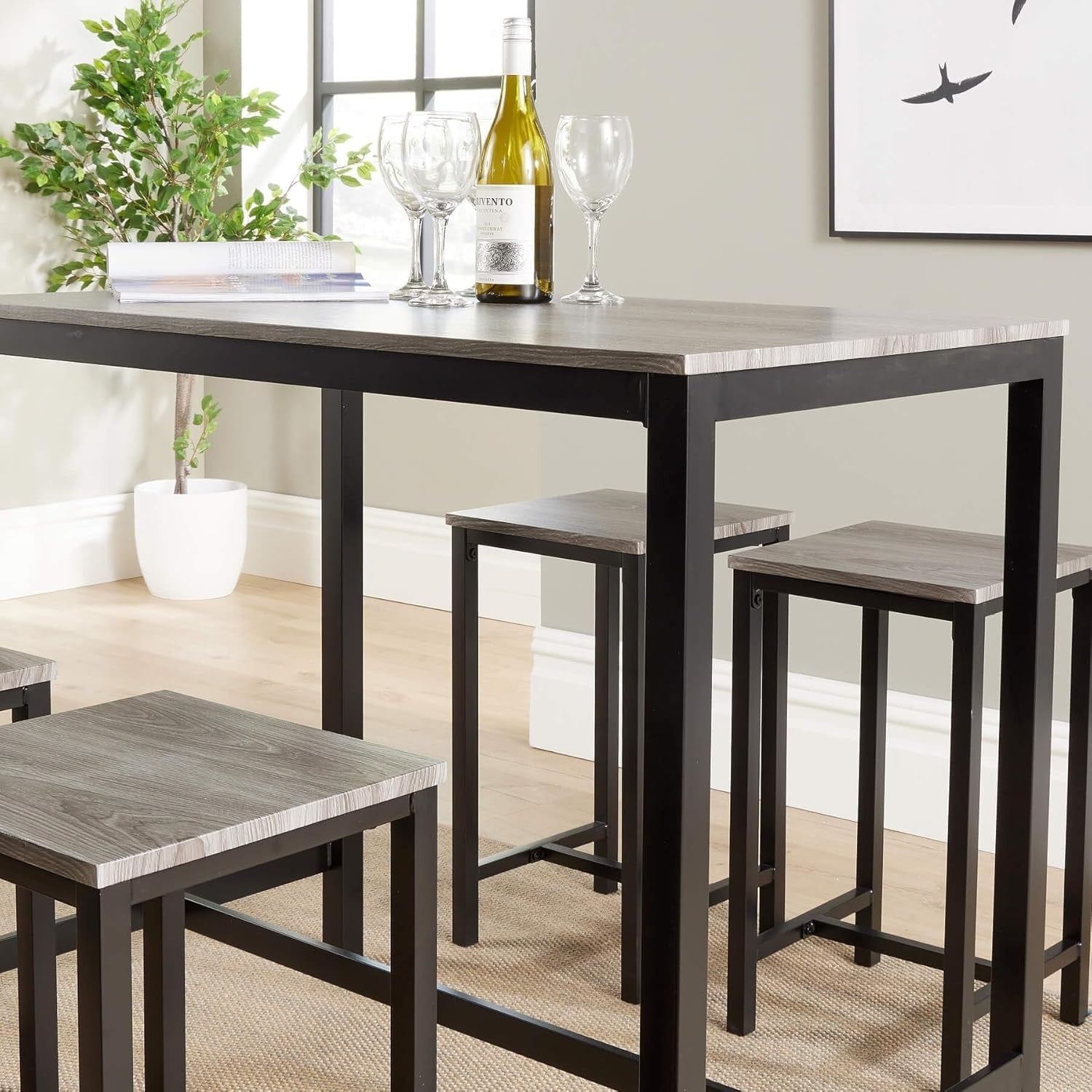 5-Piece Breakfast Bar Table Set with 4 Stools Grey Industrial Dining Furniture