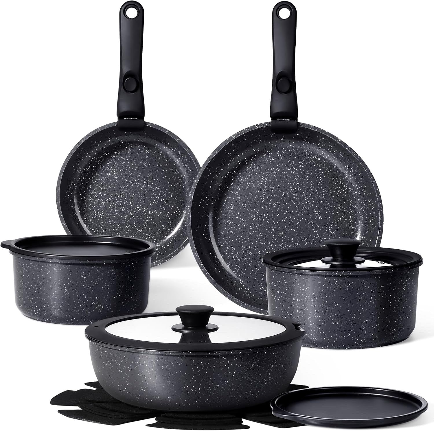 15Pcs Black Ceramic Non Stick Cookware Set with Detachable Handle Induction Safe