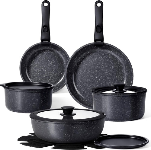 15Pcs Black Ceramic Non Stick Cookware Set with Detachable Handle Induction Safe