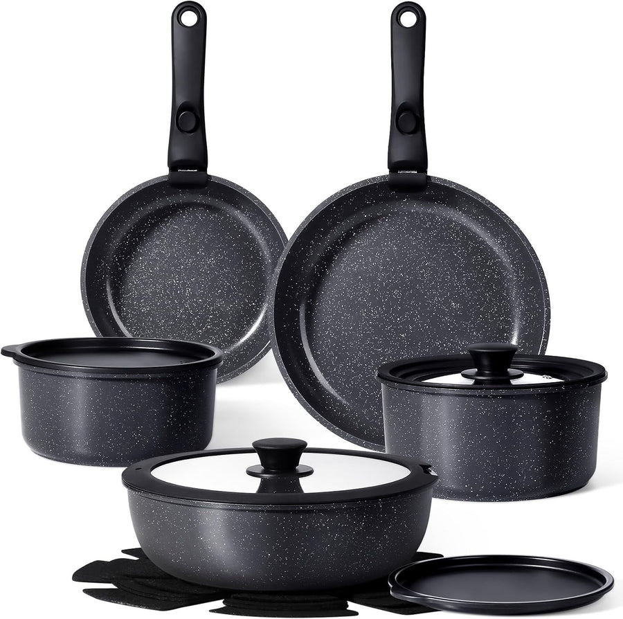 15Pcs Black Ceramic Non Stick Cookware Set with Detachable Handle Induction Safe