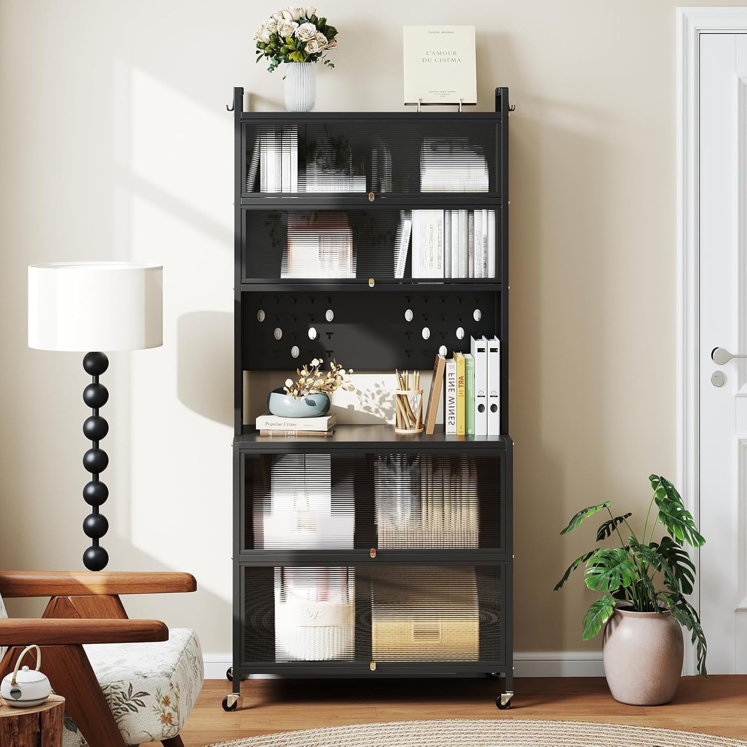 80x40x181cm Black Rolling Kitchen Cabinet 6-Tier Pantry Storage with Wheels