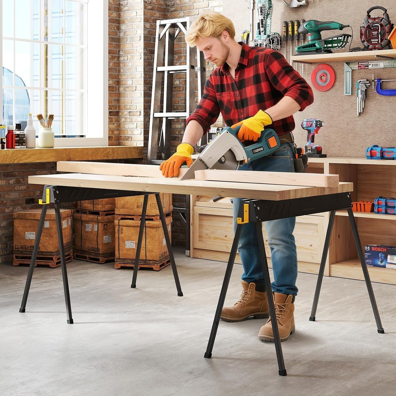 Folding Sawhorse Twin Pack Heavy Duty 1000kg 2x4 Support Arms Black 94x47