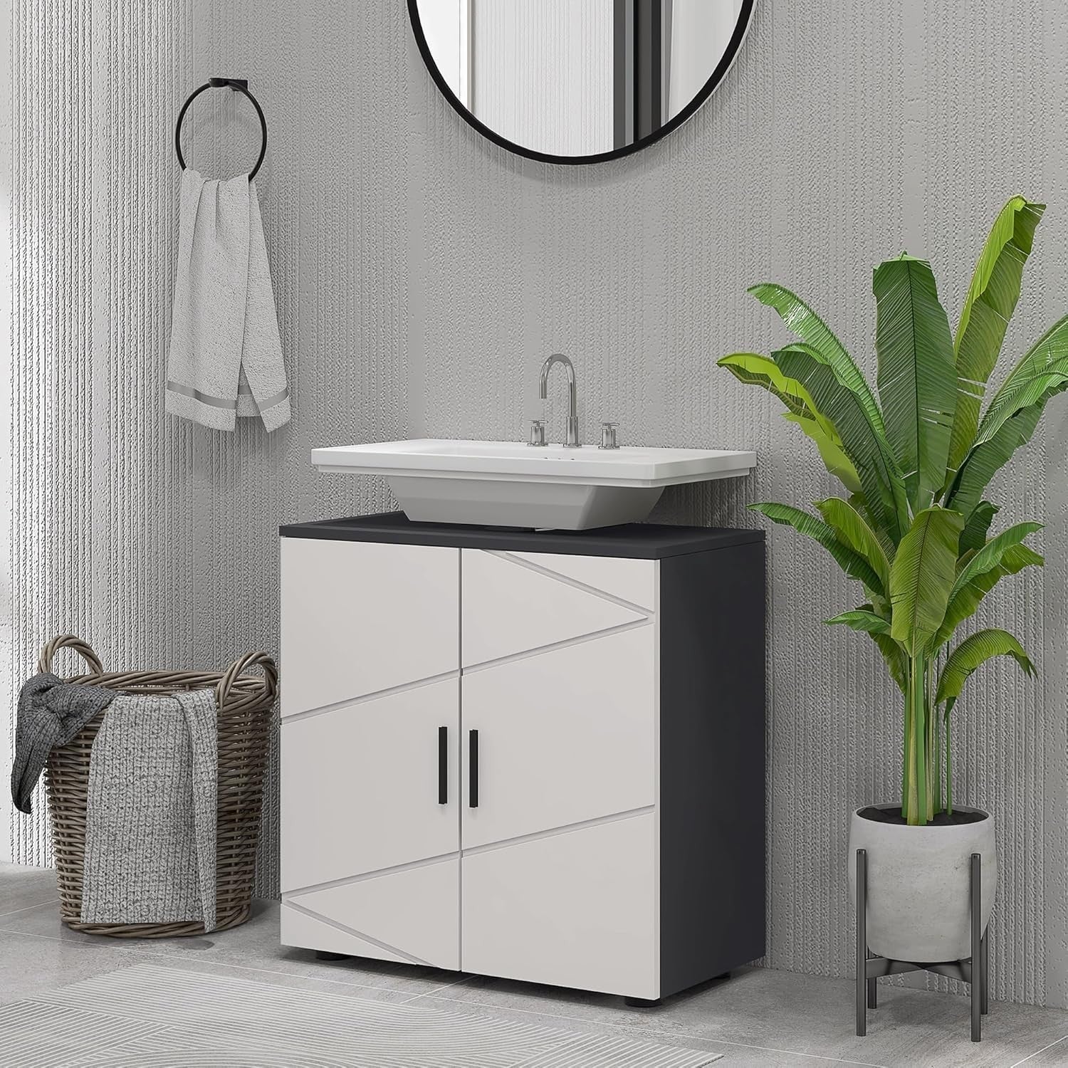 Modern Under Sink Bathroom Cabinet Grey Storage Unit 2 Door Shelf 60x60cm