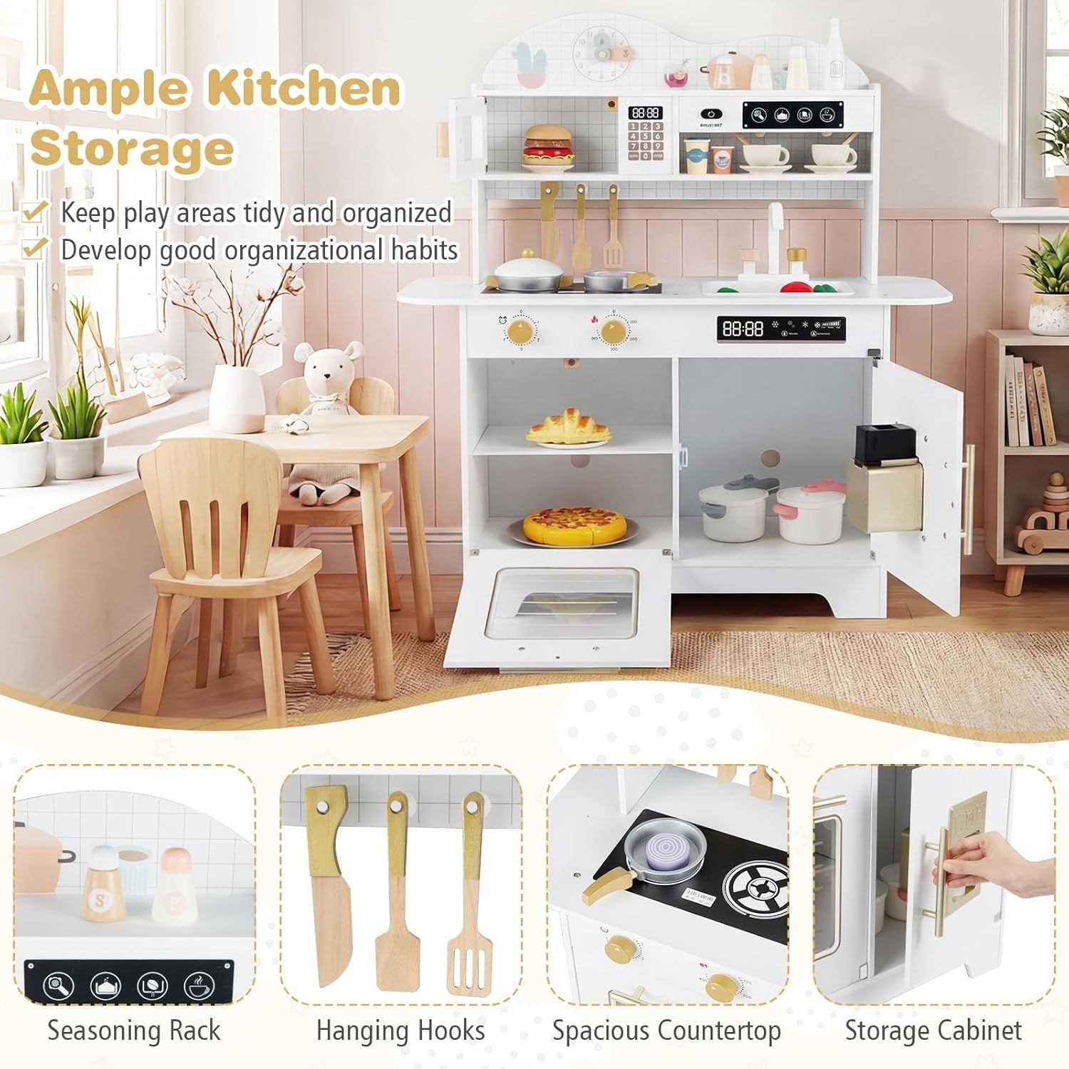Wooden Kids Play Kitchen White Coffee Maker Oven 17PCS Toy Set