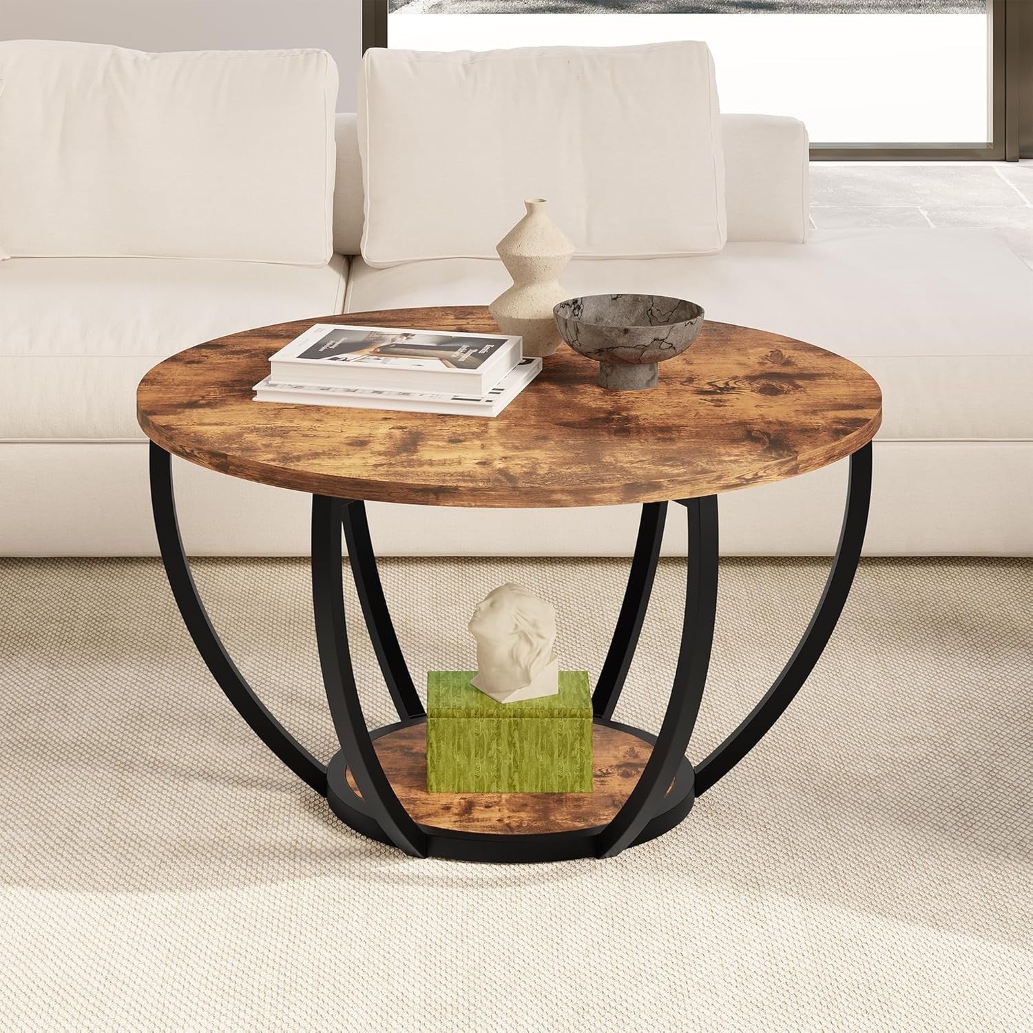 28" Round 2-Tier Coffee Table with Storage Shelves, Metal Frame Rustic Brown