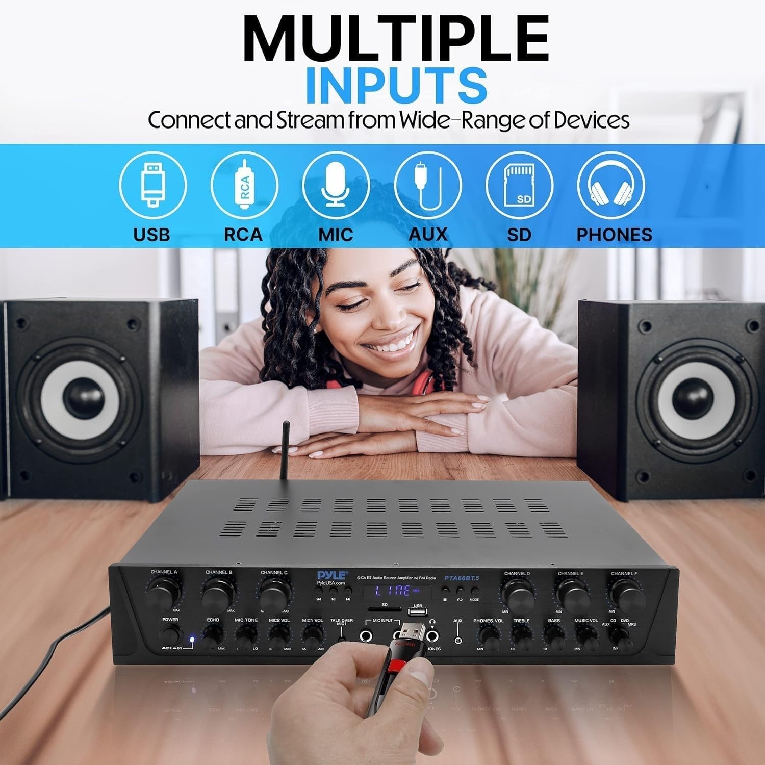 600W Bluetooth Karaoke Amplifier 6 Channel AV Receiver USB FM
