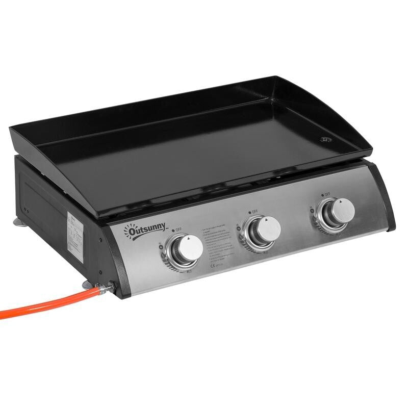 3 Burner Gas Plancha Grill Tabletop BBQ with Regulator, Hose & Non-Stick Top