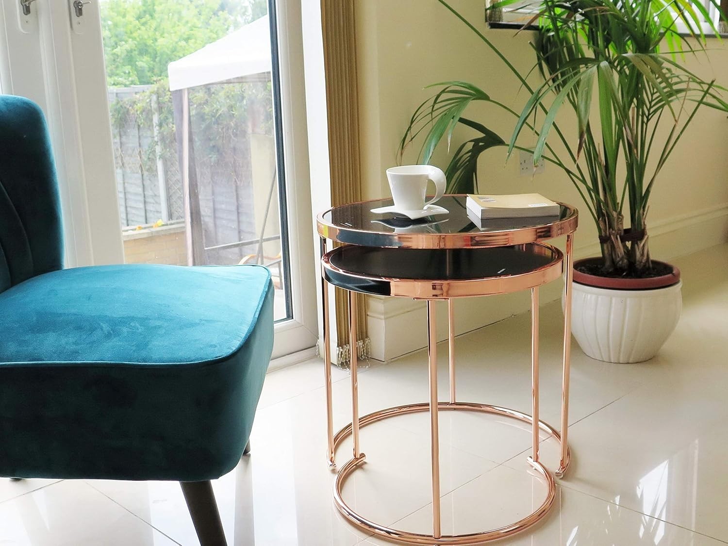 2x Modern Copper/Black Nesting End Tables Glass Top Side Coffee Set Round