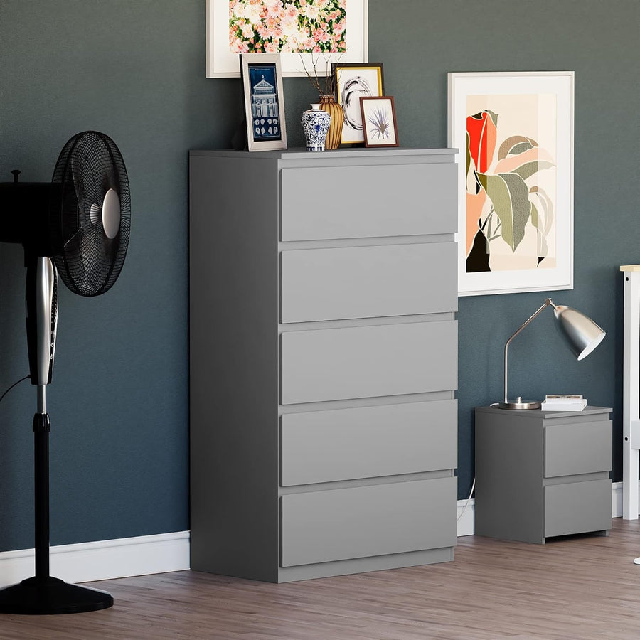 Grey 5 Drawer Chest Modern Storage Unit Tall Slim Bedroom Cabinet