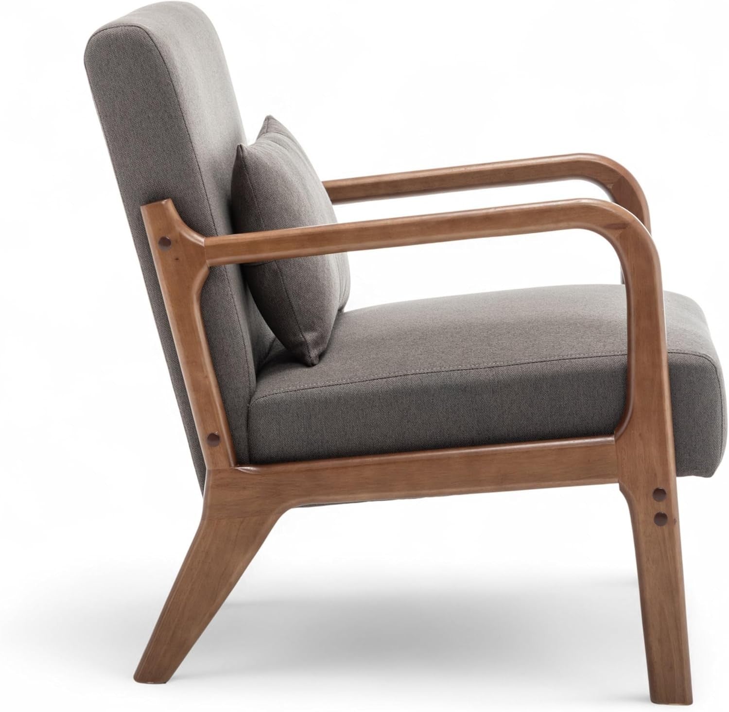 Dark Grey Linen Armchair w/ Lumbar Cushion – Small Wooden Accent Chair