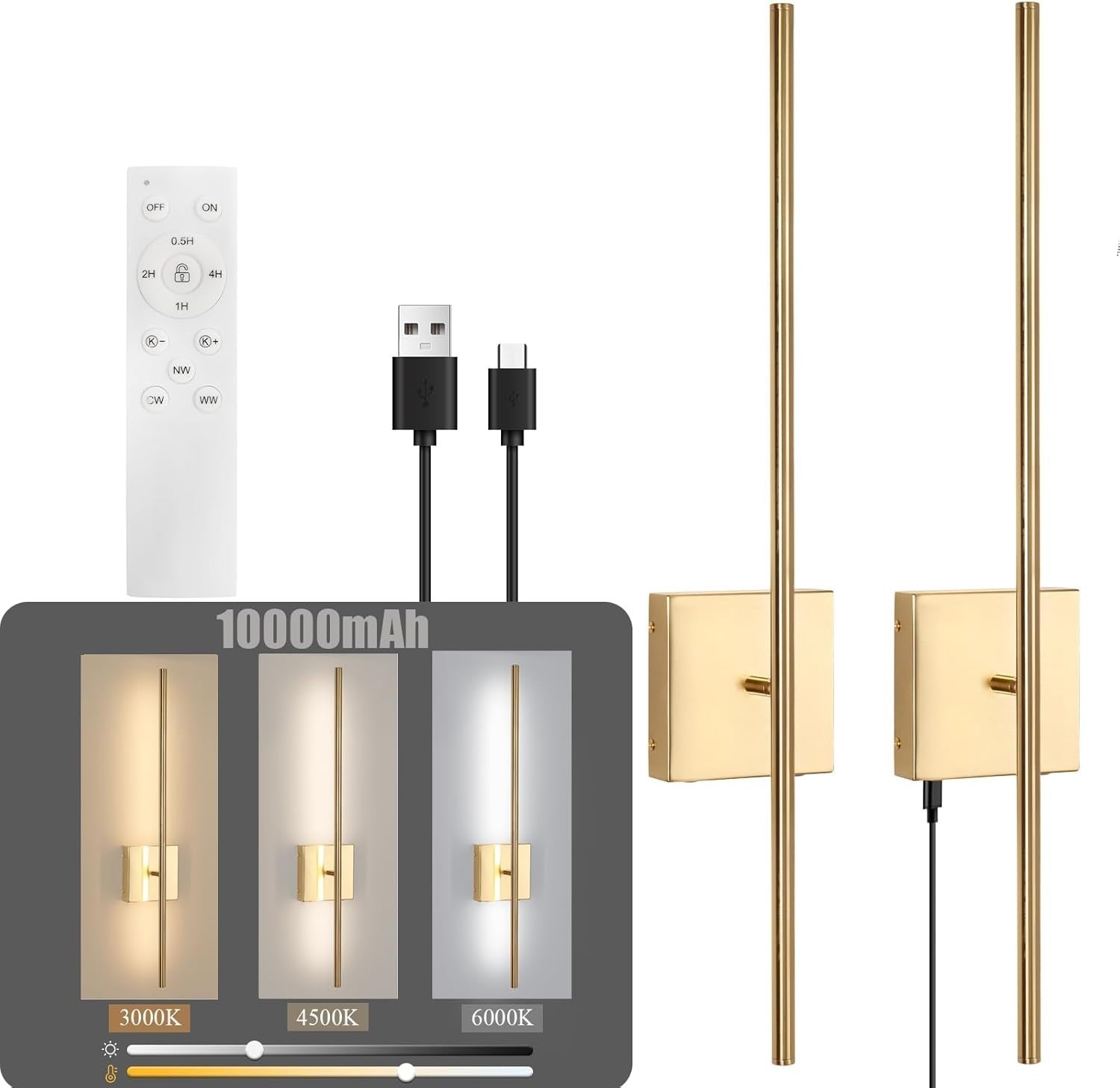 Rechargeable Wireless LED Wall Lights 2-Pack with Remote & USB Charging