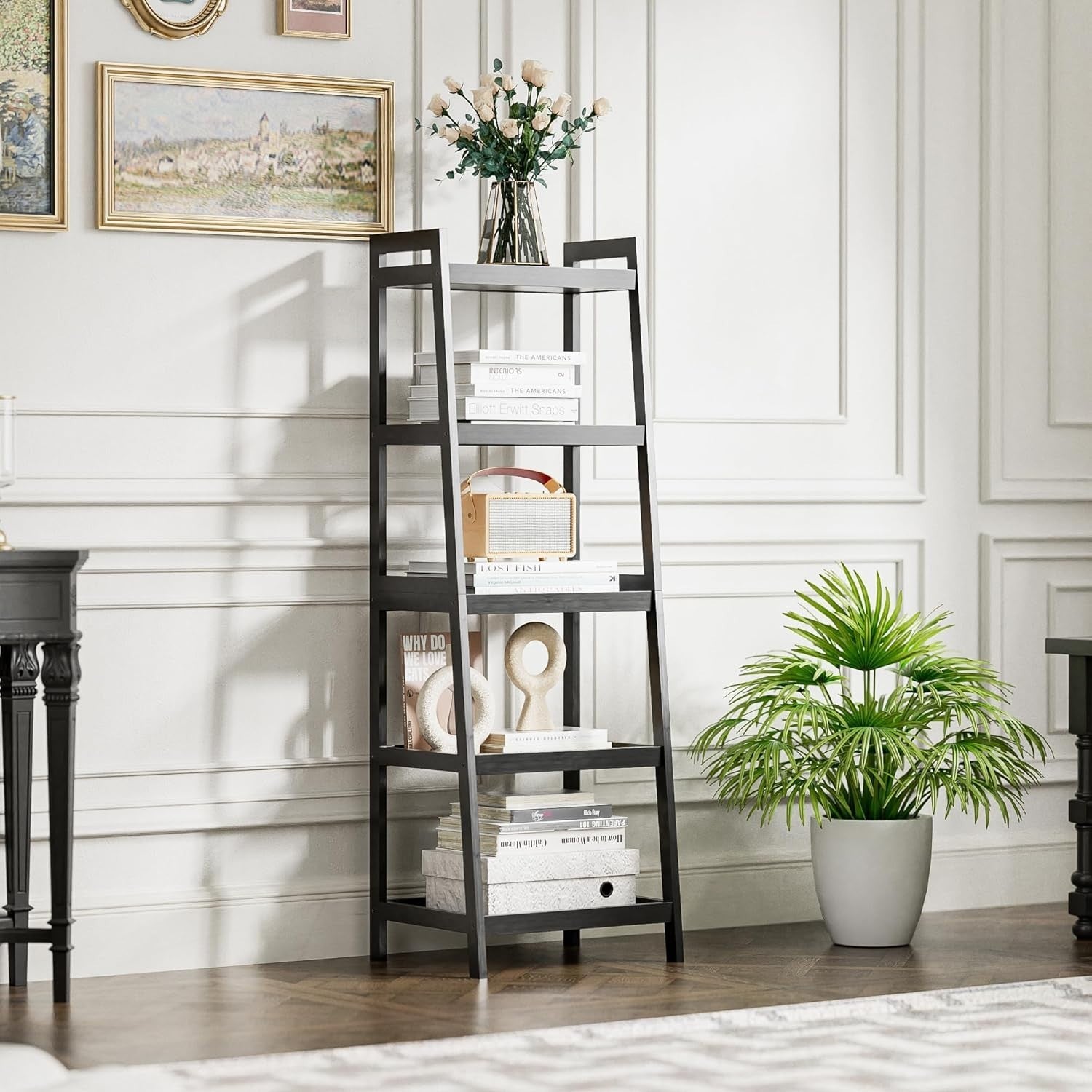Bamboo Ladder Bookcase 5 Tier Slim Storage Shelf Bathroom Plant Stand